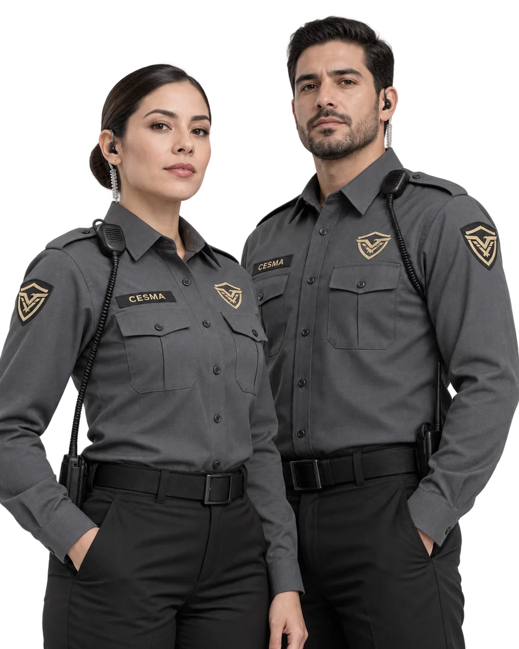 Retrato ilustrativo de una mujer y un hombre de seguridad con uniforme gris Oxford de CESMA